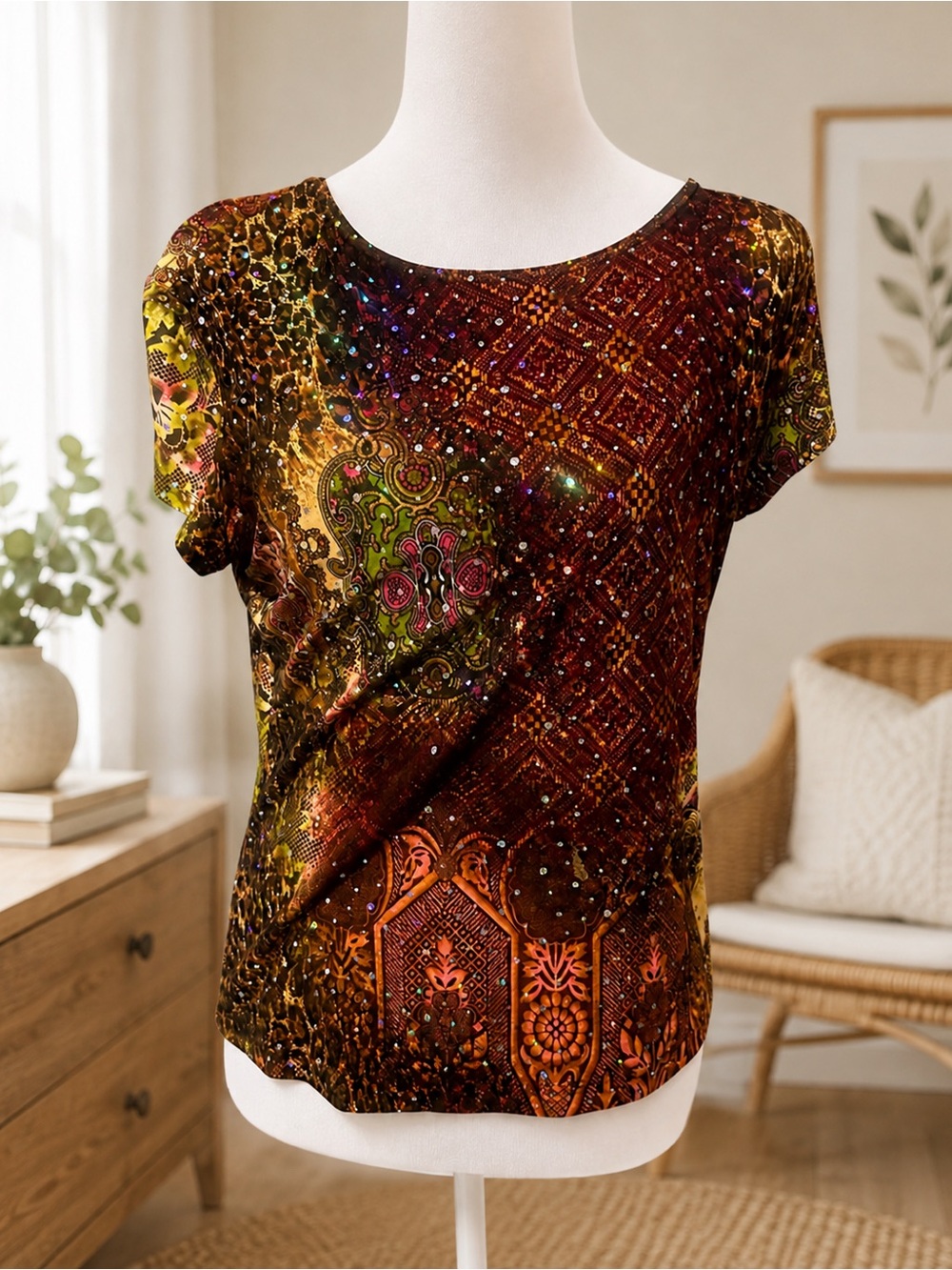 Brittany Black Multicolor Embellished Short Sleeve Scoop Neck Top